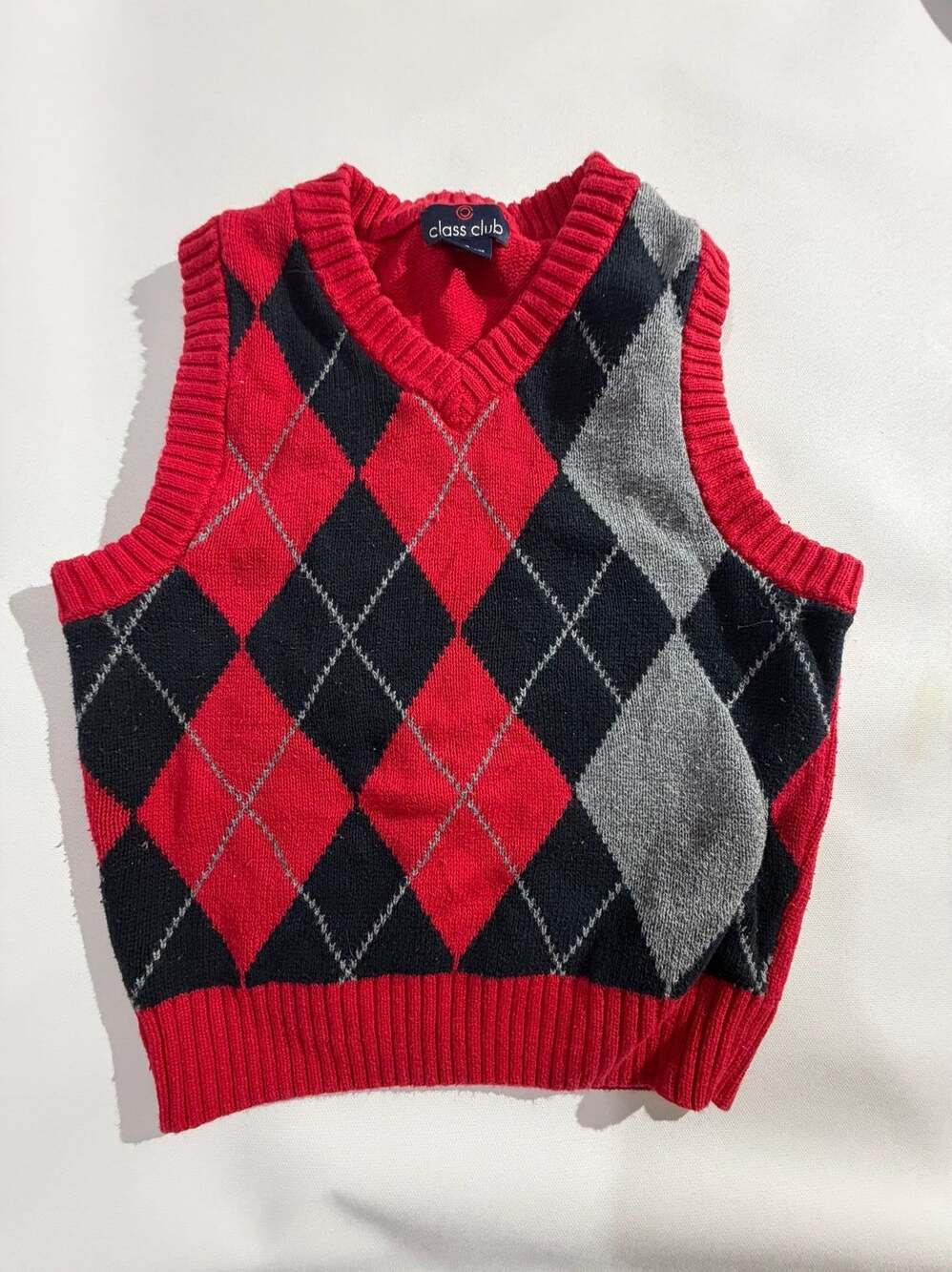 Class Club Sweater Vest Boys 8 Red Black Argyle V-Neck Cotton Preppy School